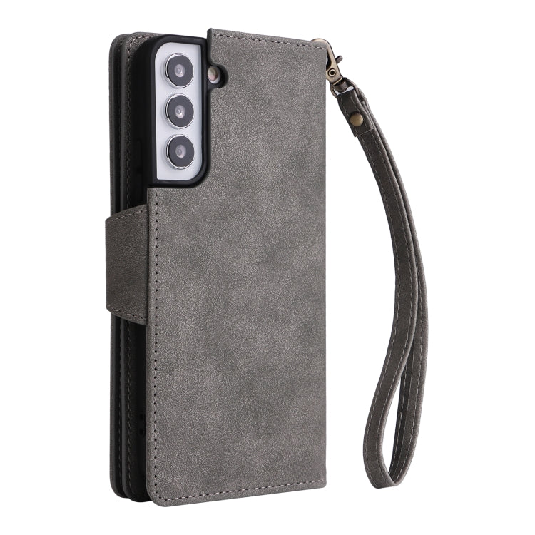 For Samsung Galaxy S22+ Rivet Buckle 9 Cards Three Fold Leather Phone Case