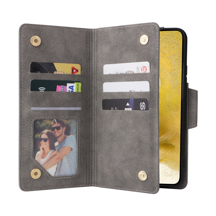 For Samsung Galaxy S22+ Rivet Buckle 9 Cards Three Fold Leather Phone Case