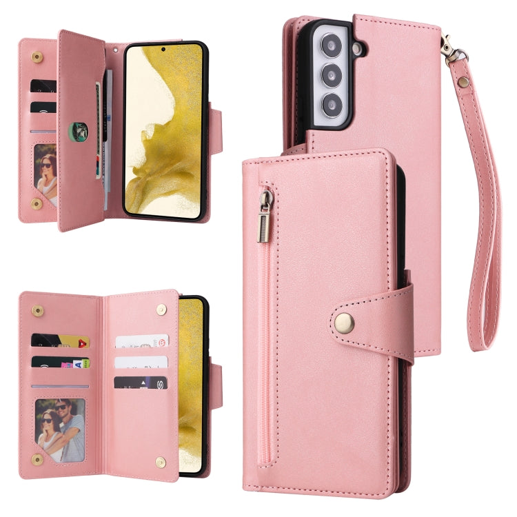 For Samsung Galaxy S22+ Rivet Buckle 9 Cards Three Fold Leather Phone Case
