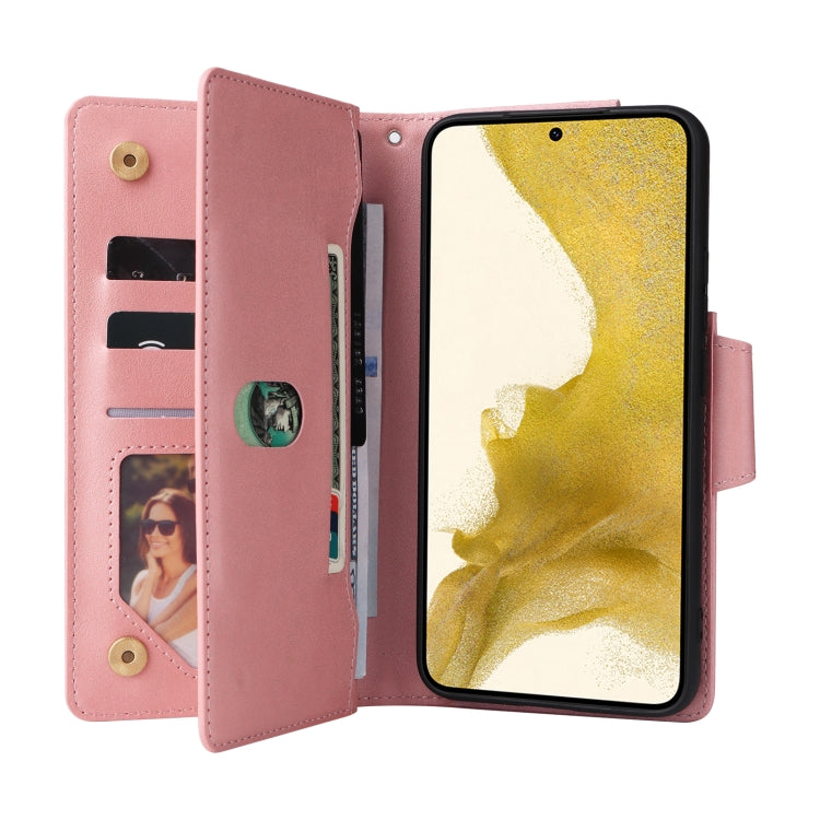 For Samsung Galaxy S22+ Rivet Buckle 9 Cards Three Fold Leather Phone Case