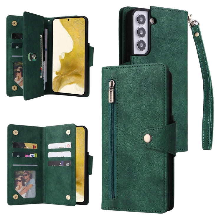 For Samsung Galaxy S22+ Rivet Buckle 9 Cards Three Fold Leather Phone Case