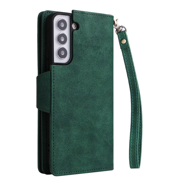 For Samsung Galaxy S22+ Rivet Buckle 9 Cards Three Fold Leather Phone Case