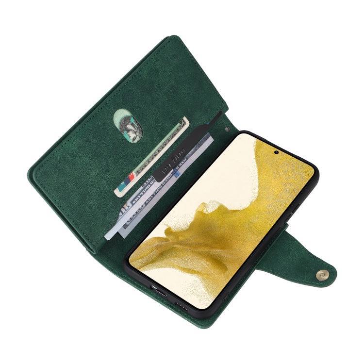For Samsung Galaxy S22+ Rivet Buckle 9 Cards Three Fold Leather Phone Case
