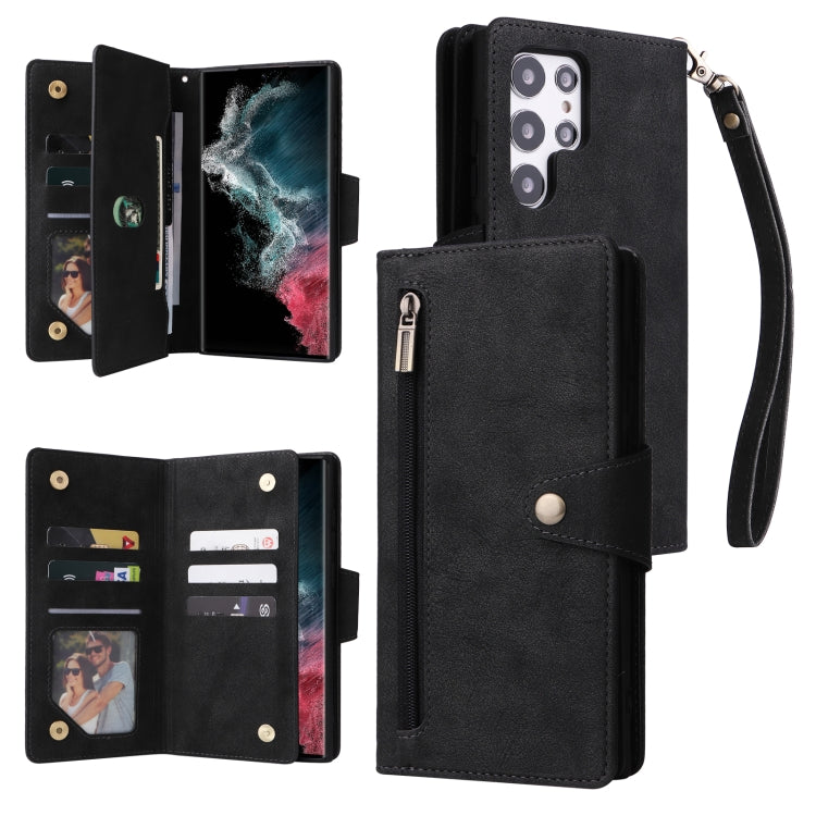 For Samsung Galaxy S22 Ultra 5G Rivet Buckle 9 Cards Three Fold Leather Phone Case