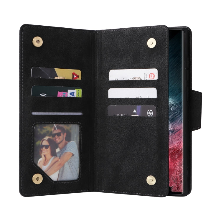 For Samsung Galaxy S22 Ultra 5G Rivet Buckle 9 Cards Three Fold Leather Phone Case