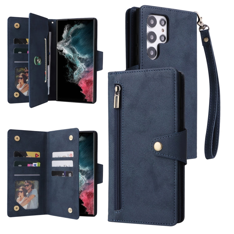 For Samsung Galaxy S22 Ultra 5G Rivet Buckle 9 Cards Three Fold Leather Phone Case