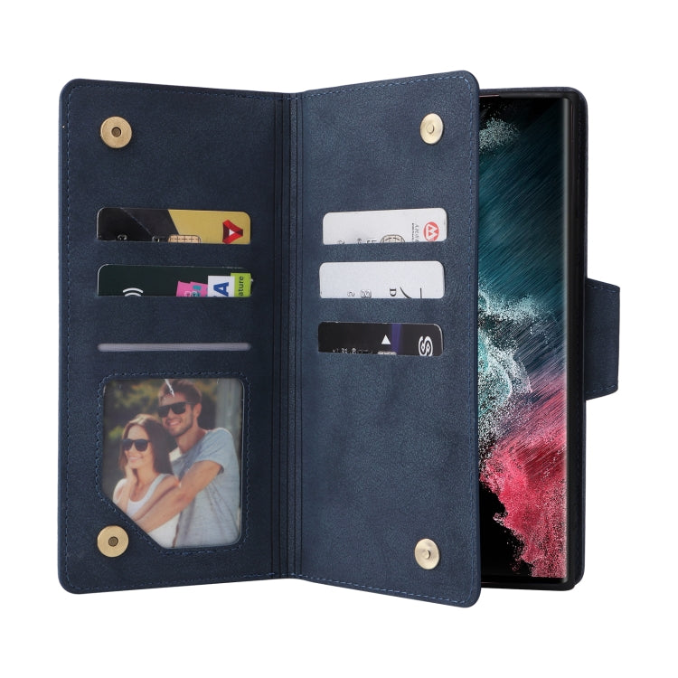 For Samsung Galaxy S22 Ultra 5G Rivet Buckle 9 Cards Three Fold Leather Phone Case