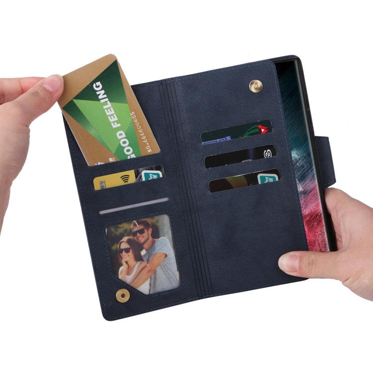 For Samsung Galaxy S22 Ultra 5G Rivet Buckle 9 Cards Three Fold Leather Phone Case