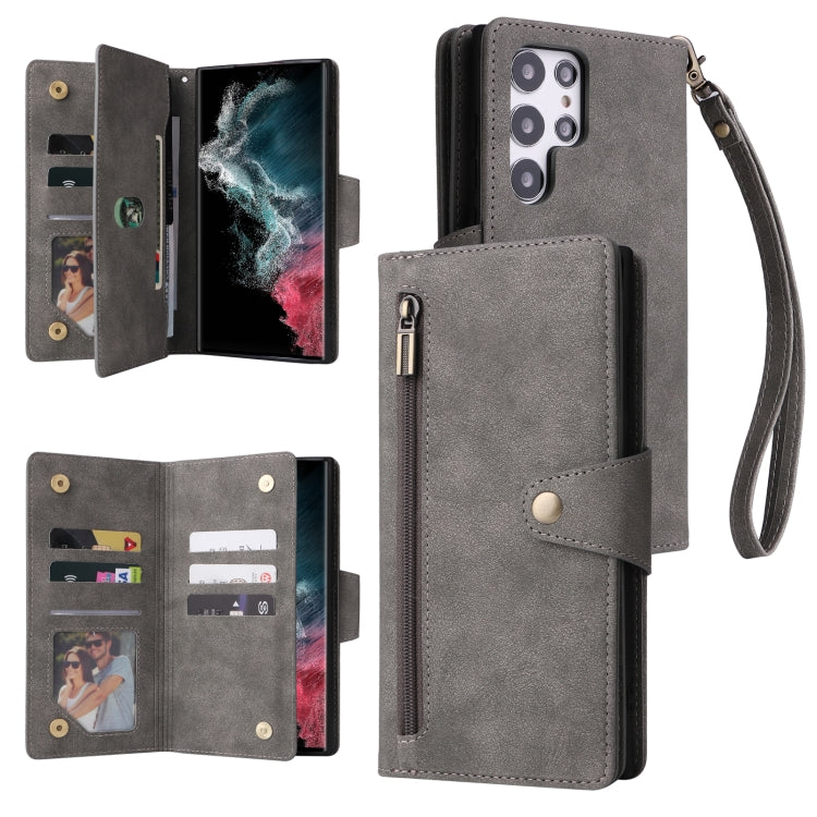 For Samsung Galaxy S22 Ultra 5G Rivet Buckle 9 Cards Three Fold Leather Phone Case