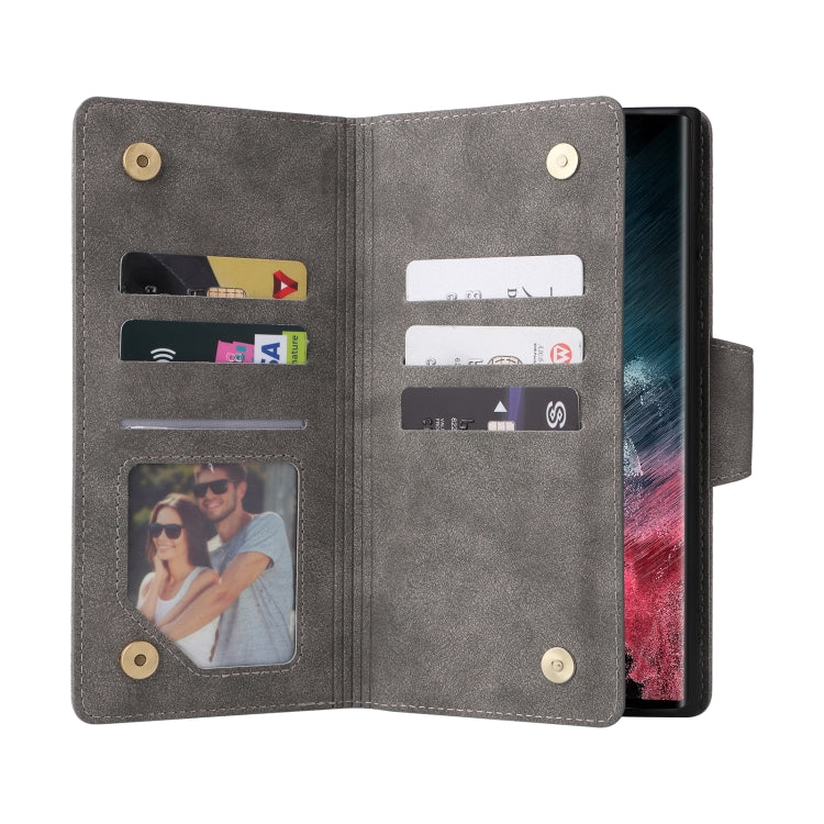 For Samsung Galaxy S22 Ultra 5G Rivet Buckle 9 Cards Three Fold Leather Phone Case