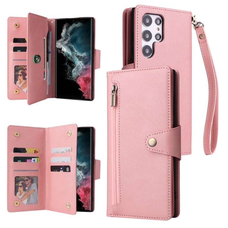 For Samsung Galaxy S22 Ultra 5G Rivet Buckle 9 Cards Three Fold Leather Phone Case