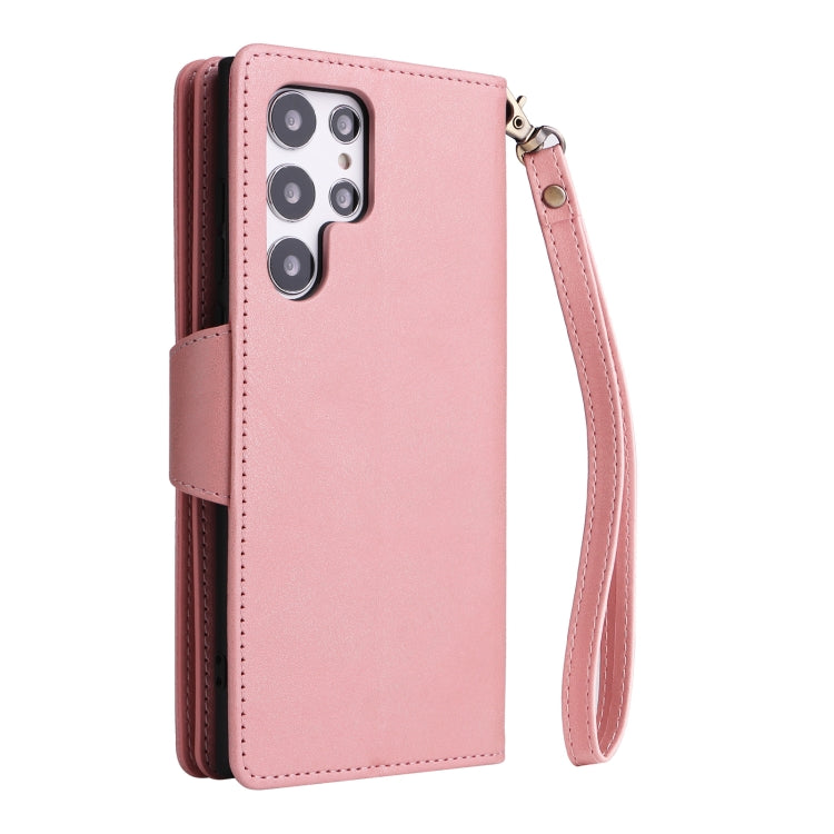 For Samsung Galaxy S22 Ultra 5G Rivet Buckle 9 Cards Three Fold Leather Phone Case