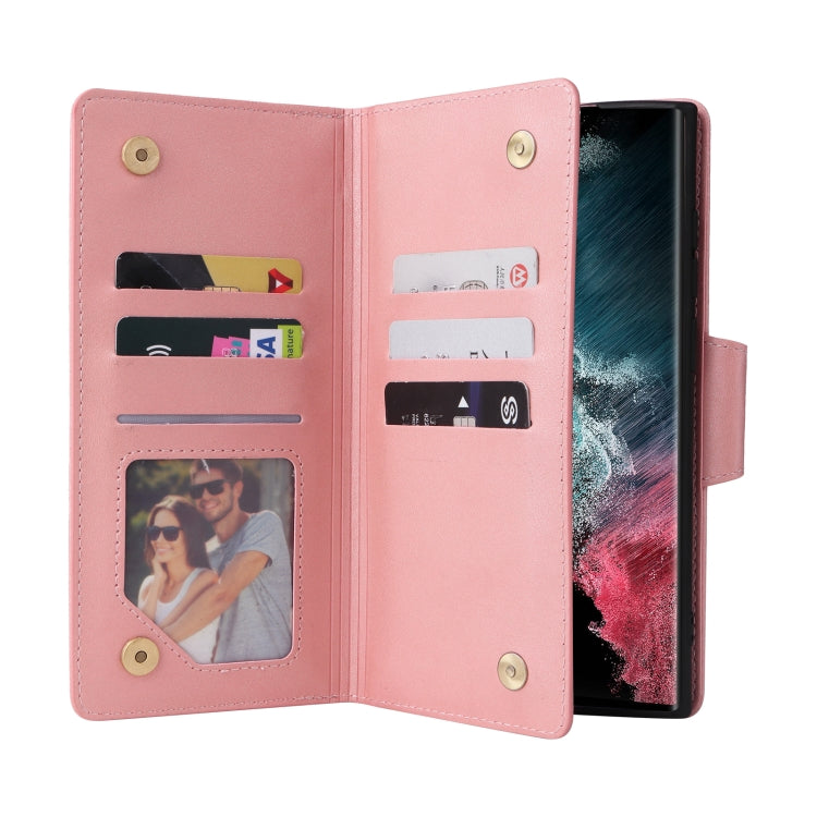 For Samsung Galaxy S22 Ultra 5G Rivet Buckle 9 Cards Three Fold Leather Phone Case