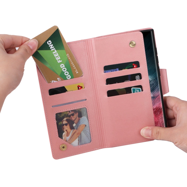 For Samsung Galaxy S22 Ultra 5G Rivet Buckle 9 Cards Three Fold Leather Phone Case