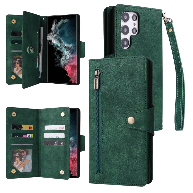 For Samsung Galaxy S22 Ultra 5G Rivet Buckle 9 Cards Three Fold Leather Phone Case