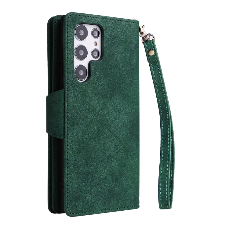 For Samsung Galaxy S22 Ultra 5G Rivet Buckle 9 Cards Three Fold Leather Phone Case