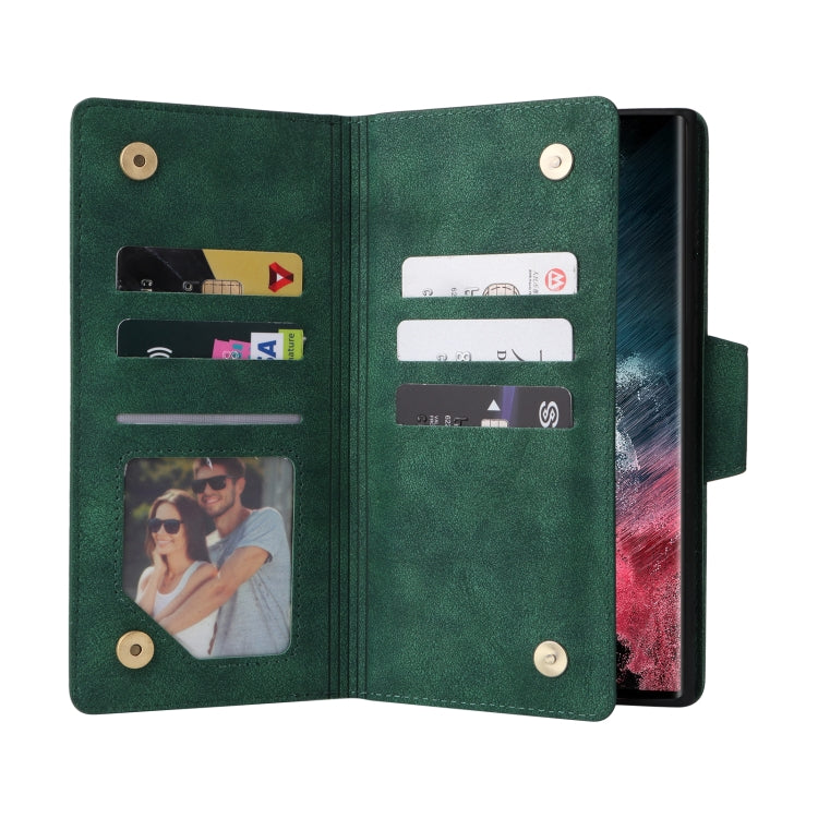 For Samsung Galaxy S22 Ultra 5G Rivet Buckle 9 Cards Three Fold Leather Phone Case