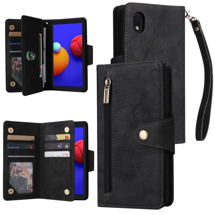 For Samsung Galaxy A01 Core Rivet Buckle 9 Cards Three Fold Leather Phone Case