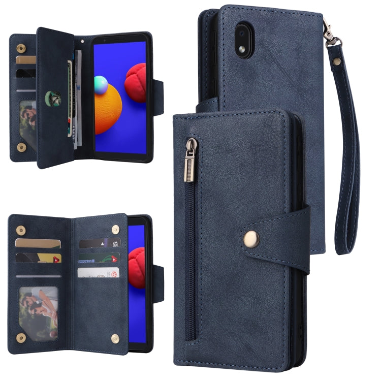 For Samsung Galaxy A01 Core Rivet Buckle 9 Cards Three Fold Leather Phone Case