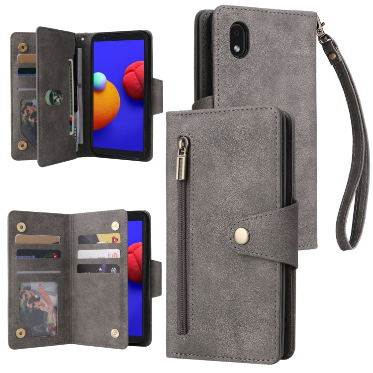 For Samsung Galaxy A01 Core Rivet Buckle 9 Cards Three Fold Leather Phone Case