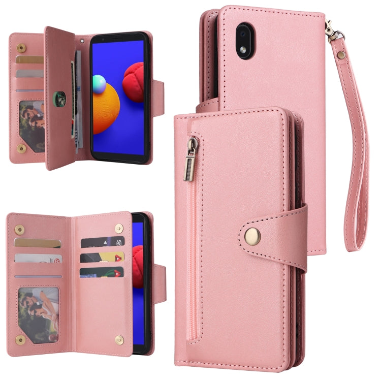 For Samsung Galaxy A01 Core Rivet Buckle 9 Cards Three Fold Leather Phone Case