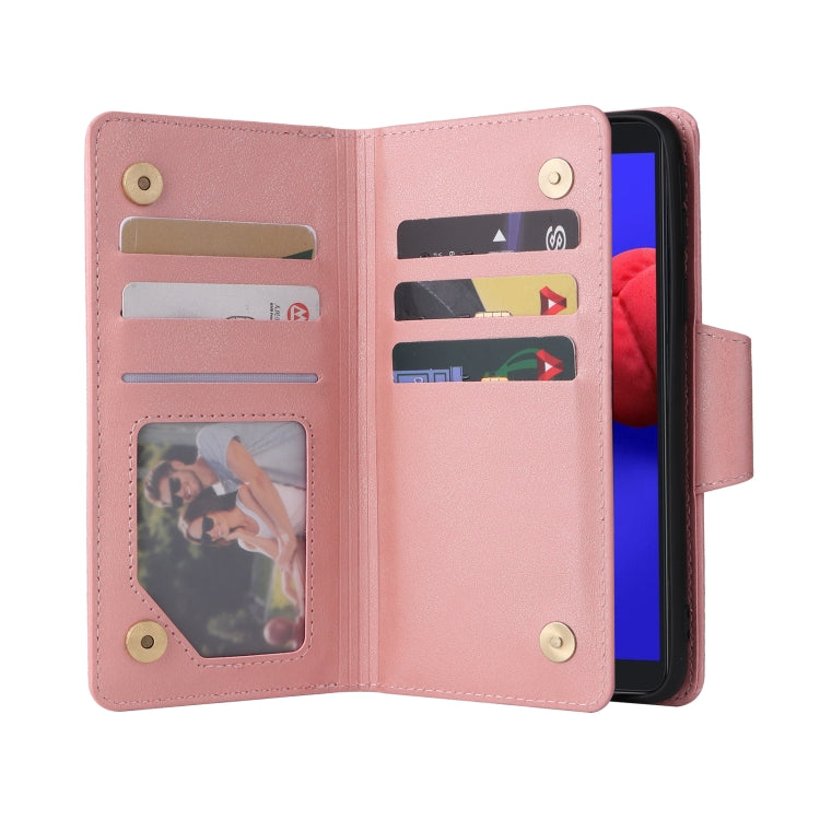 For Samsung Galaxy A01 Core Rivet Buckle 9 Cards Three Fold Leather Phone Case