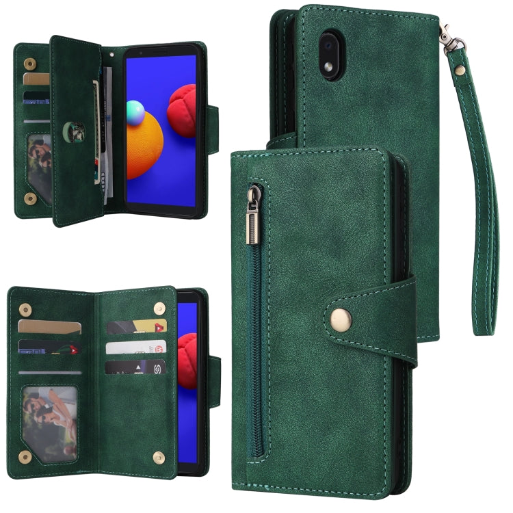 For Samsung Galaxy A01 Core Rivet Buckle 9 Cards Three Fold Leather Phone Case