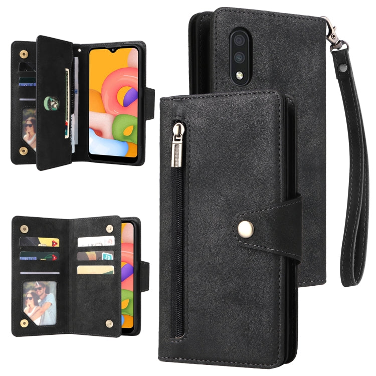 For Samsung Galaxy A01 EU Version Rivet Buckle 9 Cards Three Fold Leather Phone Case