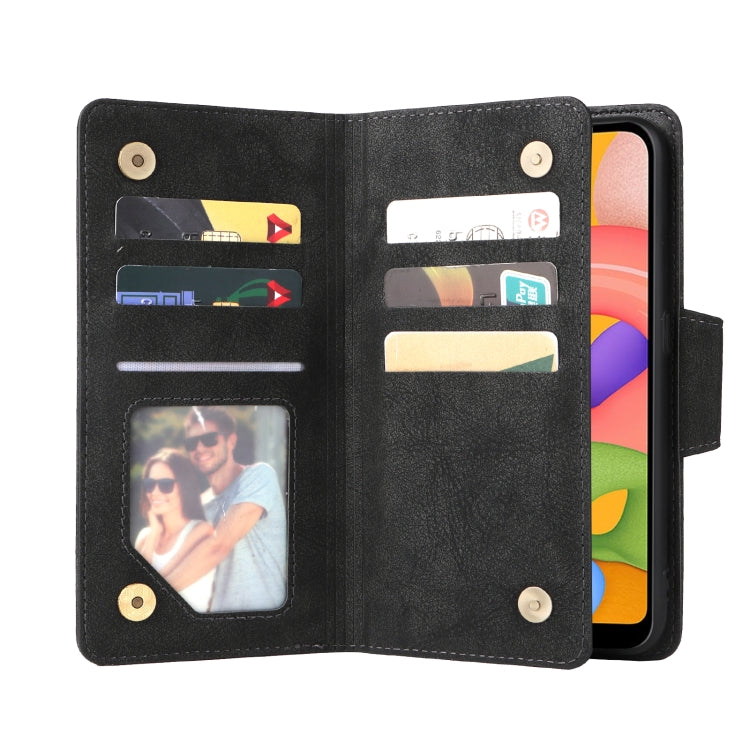 For Samsung Galaxy A01 EU Version Rivet Buckle 9 Cards Three Fold Leather Phone Case