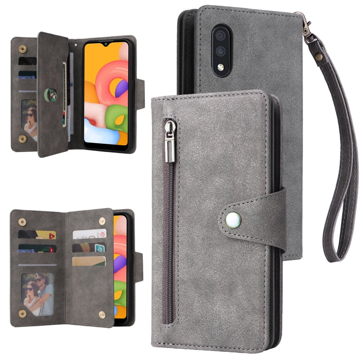 For Samsung Galaxy A01 EU Version Rivet Buckle 9 Cards Three Fold Leather Phone Case