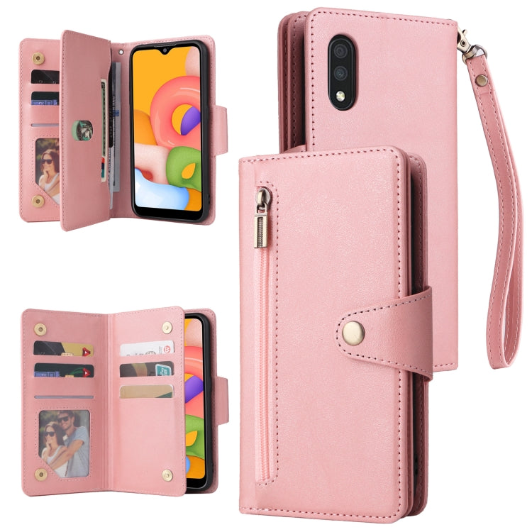 For Samsung Galaxy A01 EU Version Rivet Buckle 9 Cards Three Fold Leather Phone Case