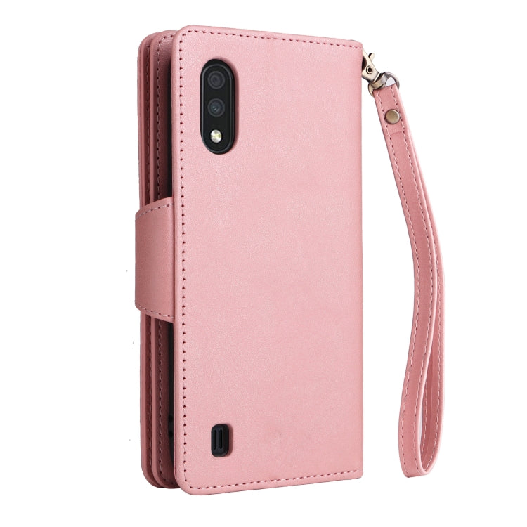 For Samsung Galaxy A01 EU Version Rivet Buckle 9 Cards Three Fold Leather Phone Case