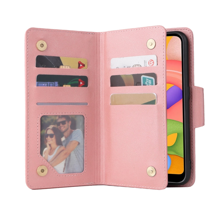 For Samsung Galaxy A01 EU Version Rivet Buckle 9 Cards Three Fold Leather Phone Case
