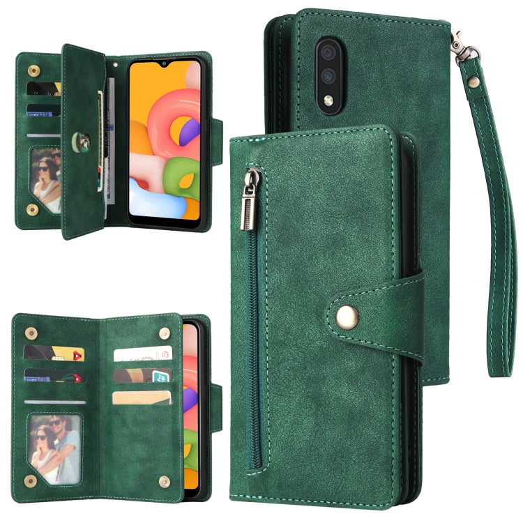 For Samsung Galaxy A01 EU Version Rivet Buckle 9 Cards Three Fold Leather Phone Case