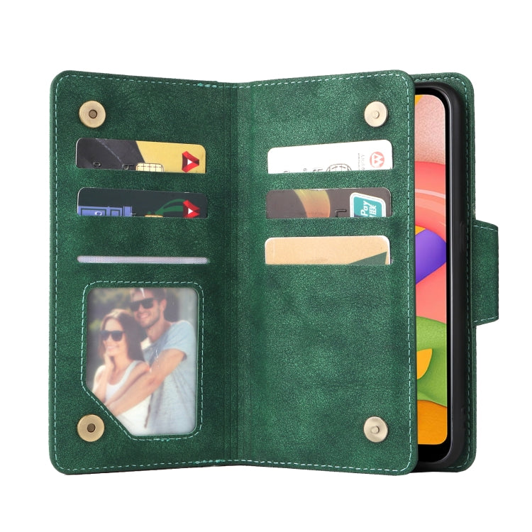 For Samsung Galaxy A01 EU Version Rivet Buckle 9 Cards Three Fold Leather Phone Case