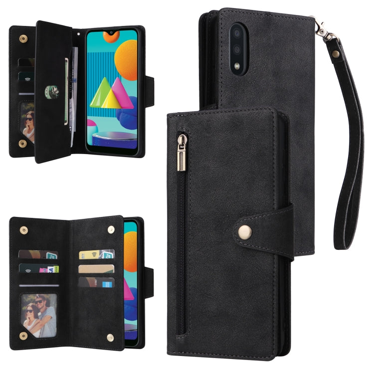 For Samsung Galaxy A02 Rivet Buckle 9 Cards Three Fold Leather Phone Case