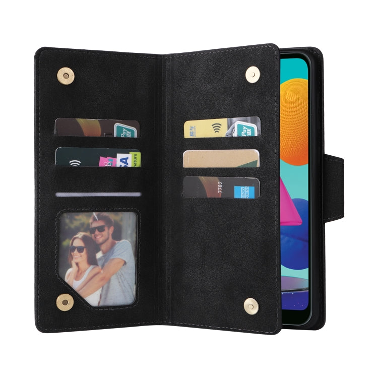 For Samsung Galaxy A02 Rivet Buckle 9 Cards Three Fold Leather Phone Case