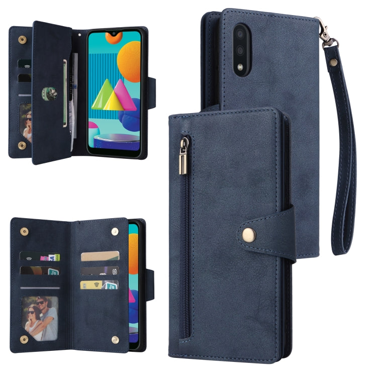 For Samsung Galaxy A02 Rivet Buckle 9 Cards Three Fold Leather Phone Case
