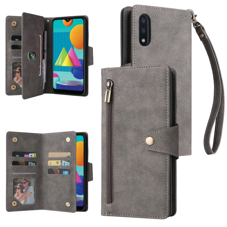 For Samsung Galaxy A02 Rivet Buckle 9 Cards Three Fold Leather Phone Case