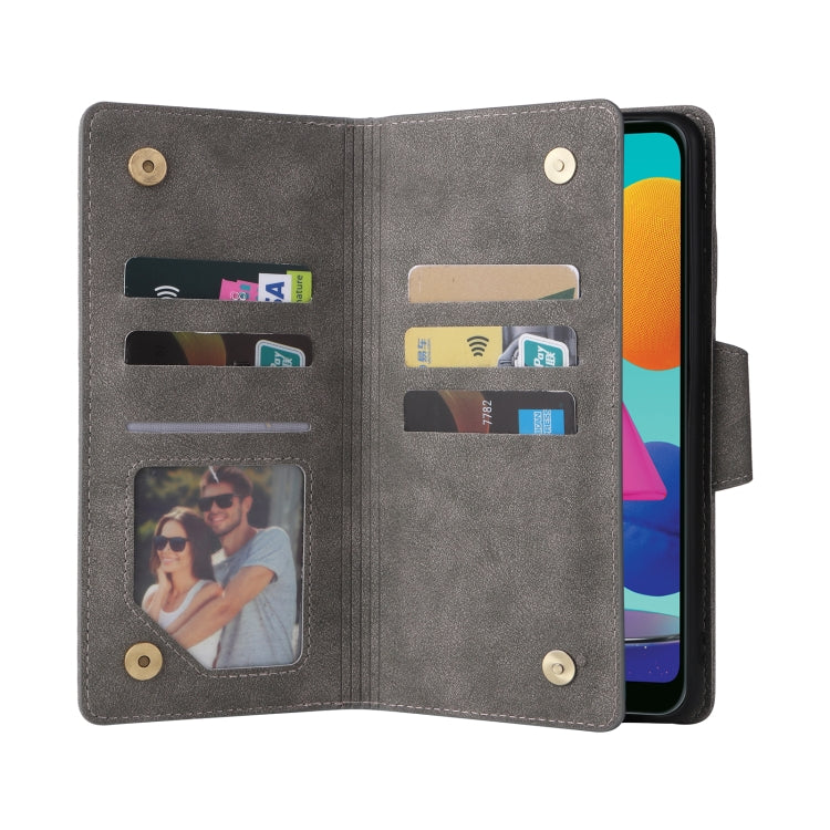 For Samsung Galaxy A02 Rivet Buckle 9 Cards Three Fold Leather Phone Case