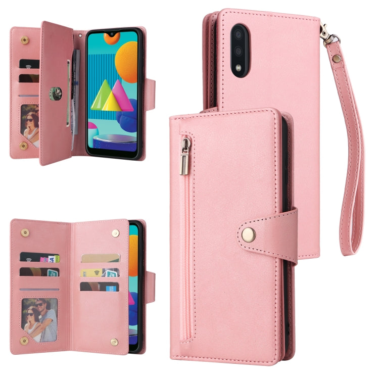 For Samsung Galaxy A02 Rivet Buckle 9 Cards Three Fold Leather Phone Case