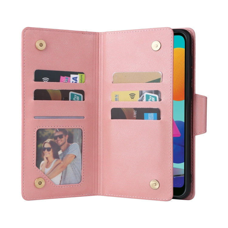 For Samsung Galaxy A02 Rivet Buckle 9 Cards Three Fold Leather Phone Case