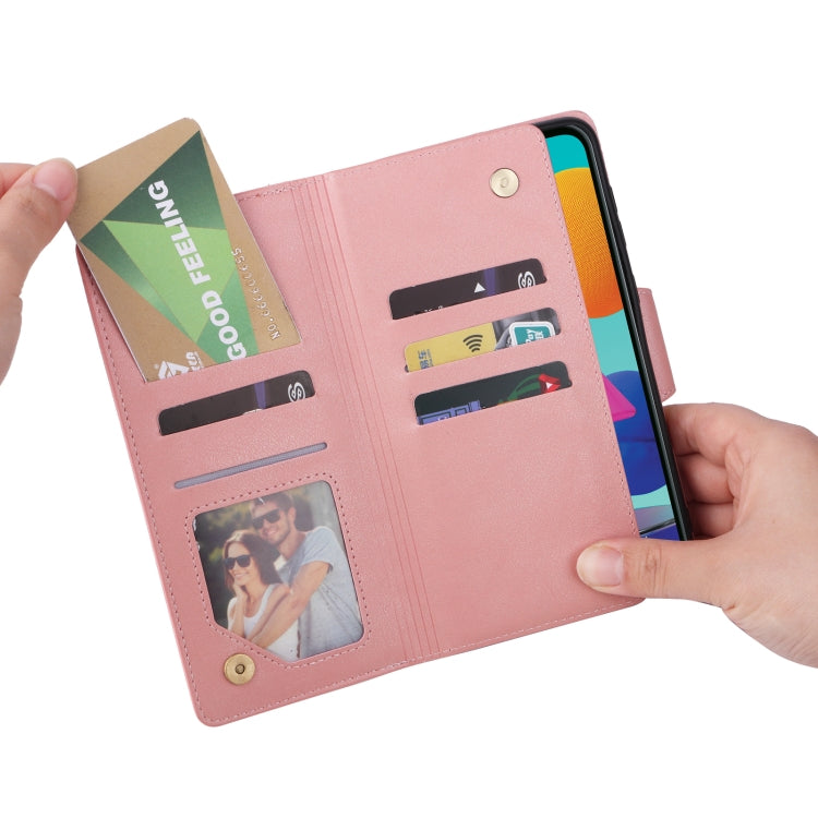 For Samsung Galaxy A02 Rivet Buckle 9 Cards Three Fold Leather Phone Case