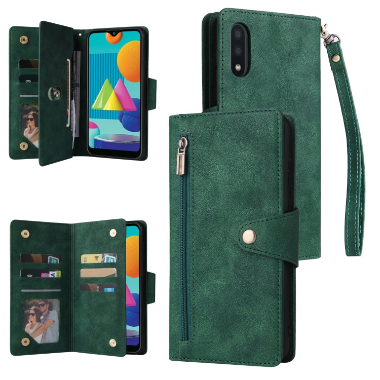 For Samsung Galaxy A02 Rivet Buckle 9 Cards Three Fold Leather Phone Case