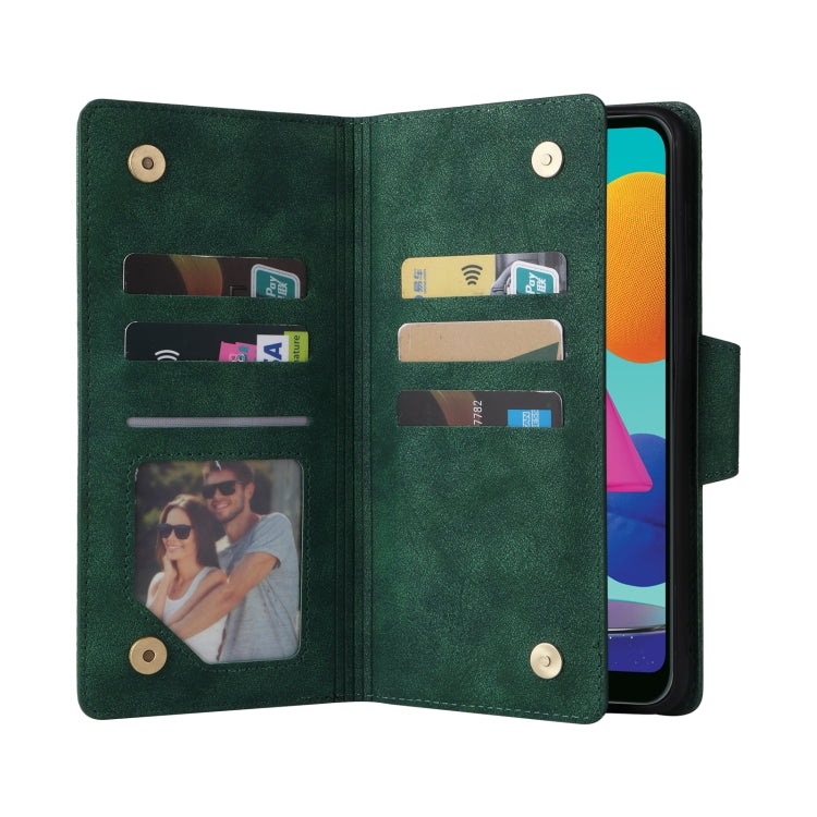 For Samsung Galaxy A02 Rivet Buckle 9 Cards Three Fold Leather Phone Case