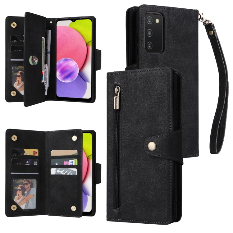For Samsung Galaxy A03S 166mm Rivet Buckle 9 Cards Three Fold Leather Phone Case