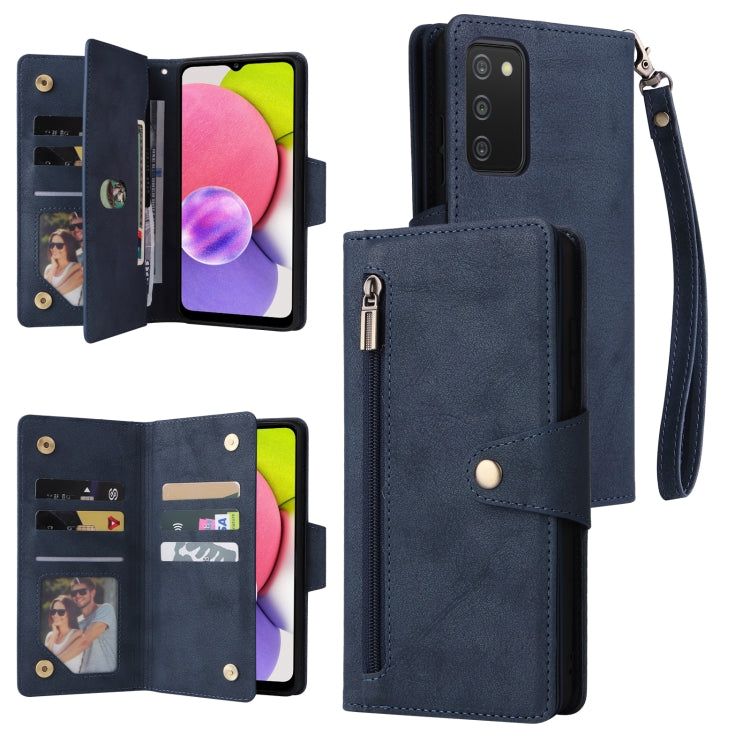 For Samsung Galaxy A03S 166mm Rivet Buckle 9 Cards Three Fold Leather Phone Case