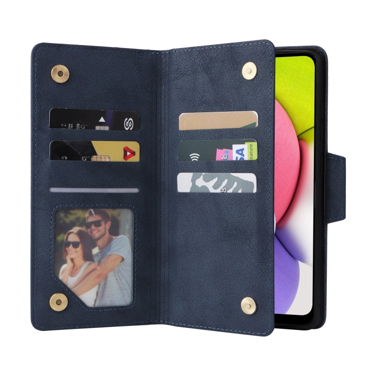 For Samsung Galaxy A03S 166mm Rivet Buckle 9 Cards Three Fold Leather Phone Case