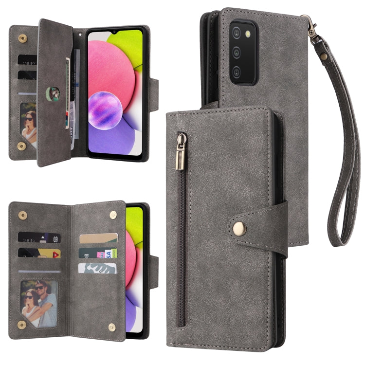 For Samsung Galaxy A03S 166mm Rivet Buckle 9 Cards Three Fold Leather Phone Case