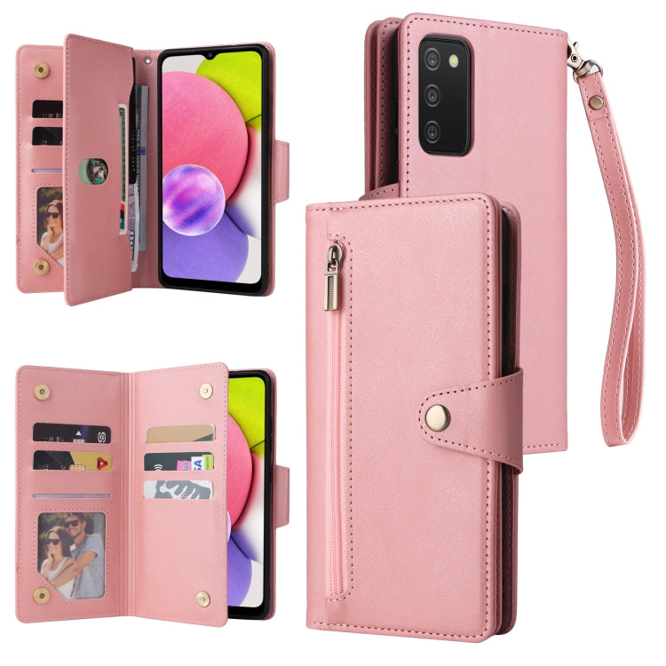 For Samsung Galaxy A03S 166mm Rivet Buckle 9 Cards Three Fold Leather Phone Case